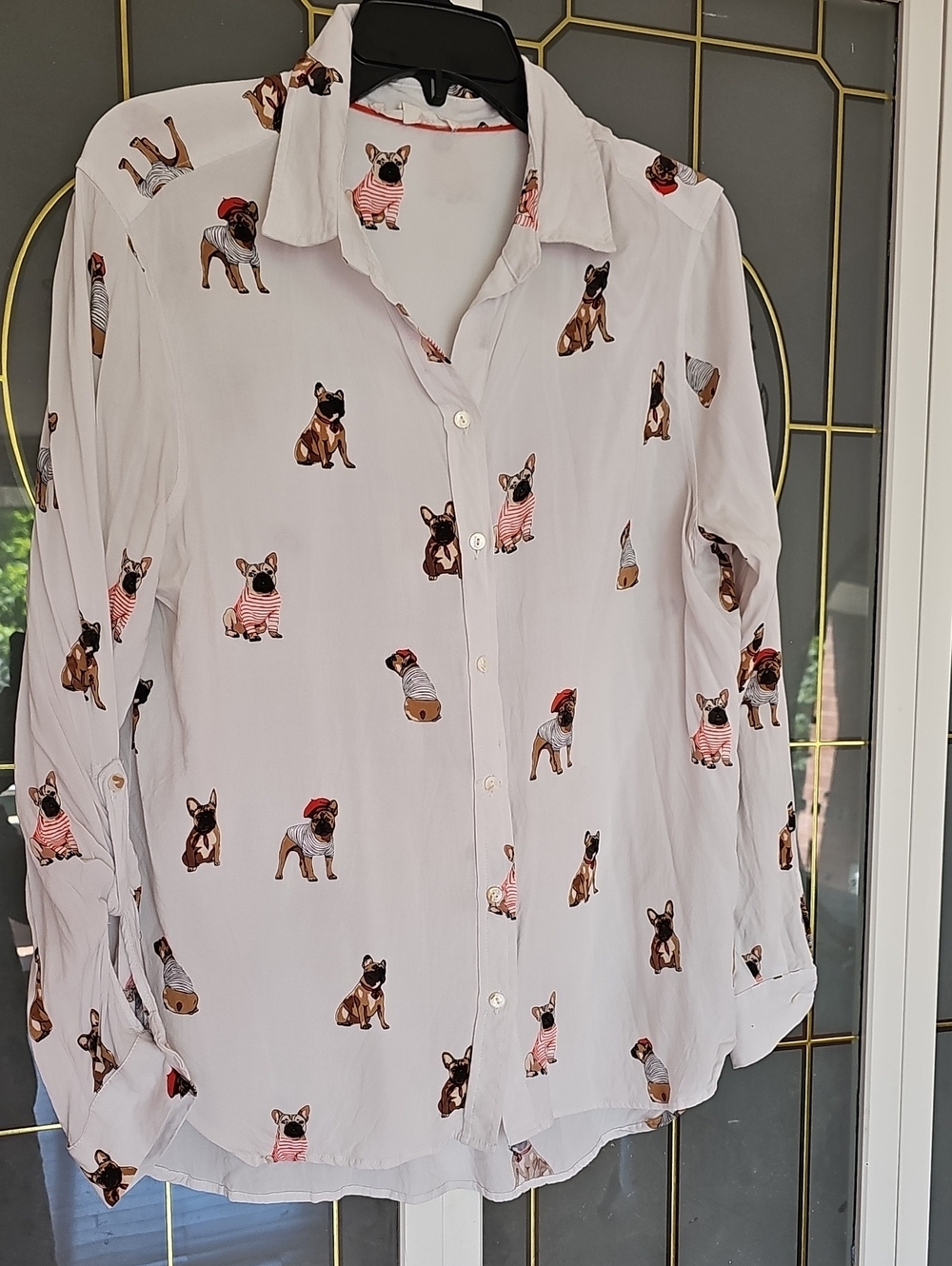 Jane and Delancey White Rayon Blouse with French Bulldog Print